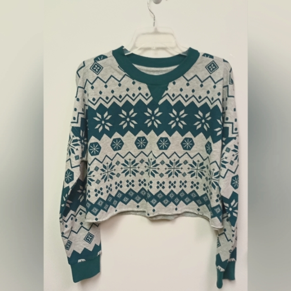 Colsie Women's Fair Isle Fleece Crop Lounge Sweatshirt Gray Green Large